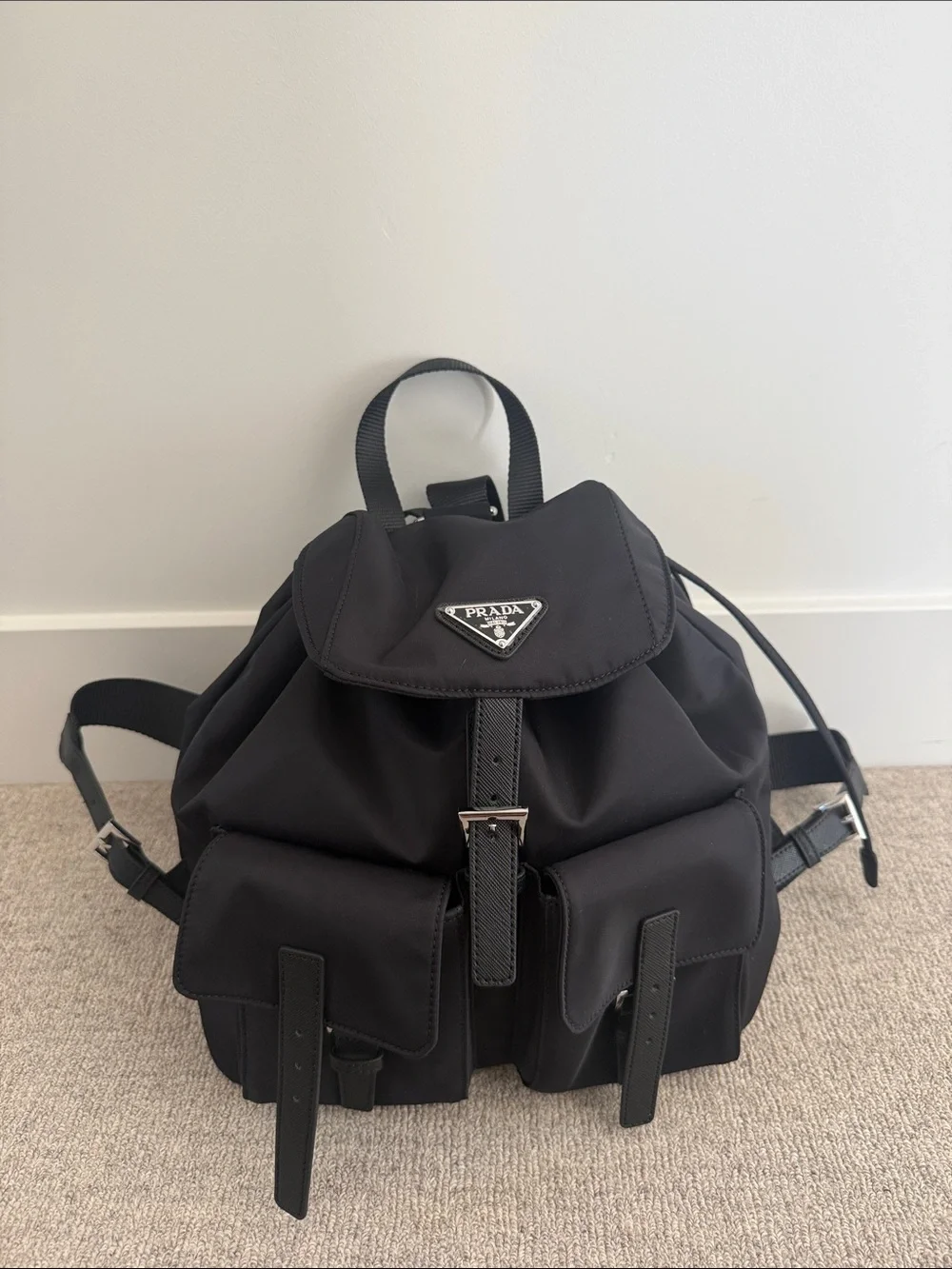 Prada Black Nylon Drawstring Backpack with Front Flap